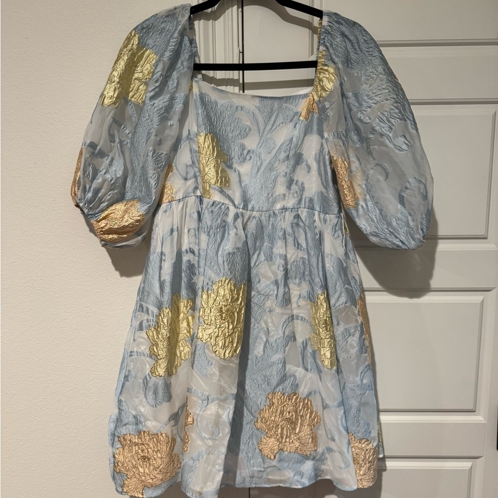 Aura Blue and Gold Puff Sleeve Dress